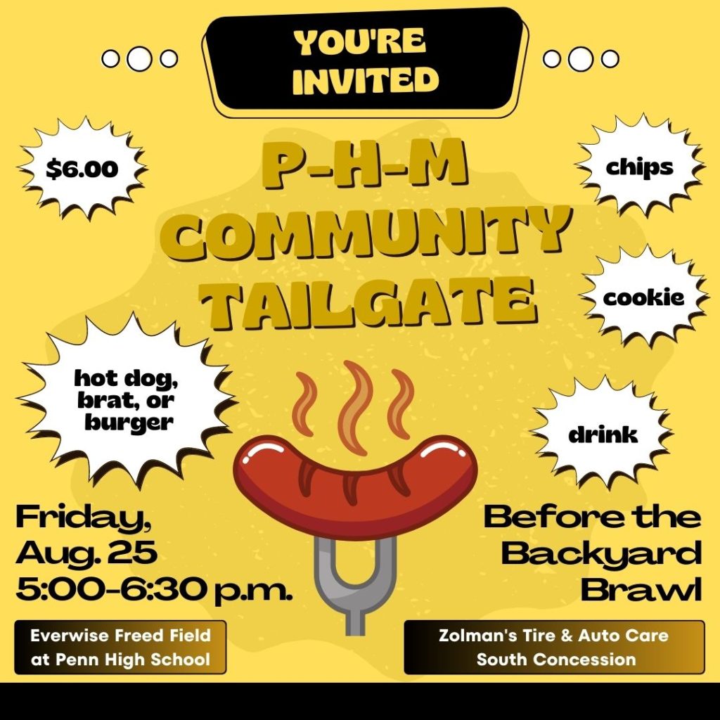 Advertisement for a community tailgate event featuring food, drinks, and games at a local high school stadium.
